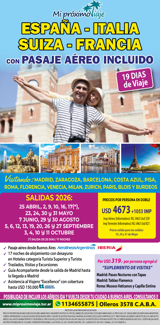 GRUPAL ESPAÑA-ITALIA-SUIZA-FRANCIA 19 DIAS - CON AEREO INCLUIDO !